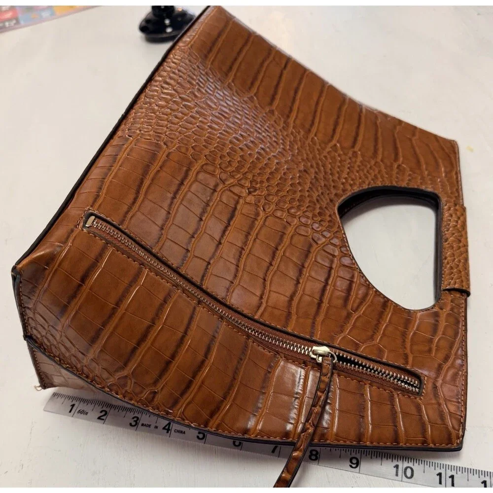 Croc Embossed Brown Faux Leather Clutch Purse Cutout Handle Shoulder Bag - Picture 11 of 16